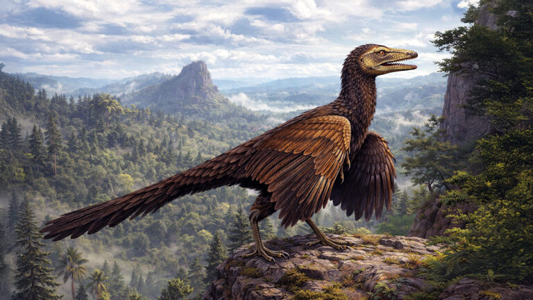 Archaeopteryx atop a misty cliff
