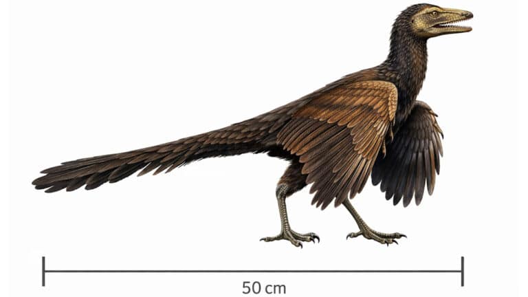 Reconstruction of Archaeopteryx dinosaur showing full body with feathers, long bony tail, clawed wings, and teeth, displayed on a white background with a 50 cm length scale beneath the animal.