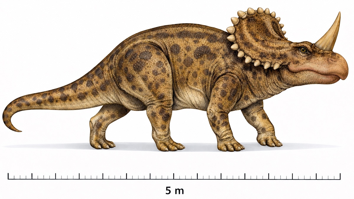 Life reconstruction of Centrosaurus dinosaur showing full body in side view with large nasal horn, frill with small spikes, stocky four-legged body, and tail for balance with a 5-metre length scale.
