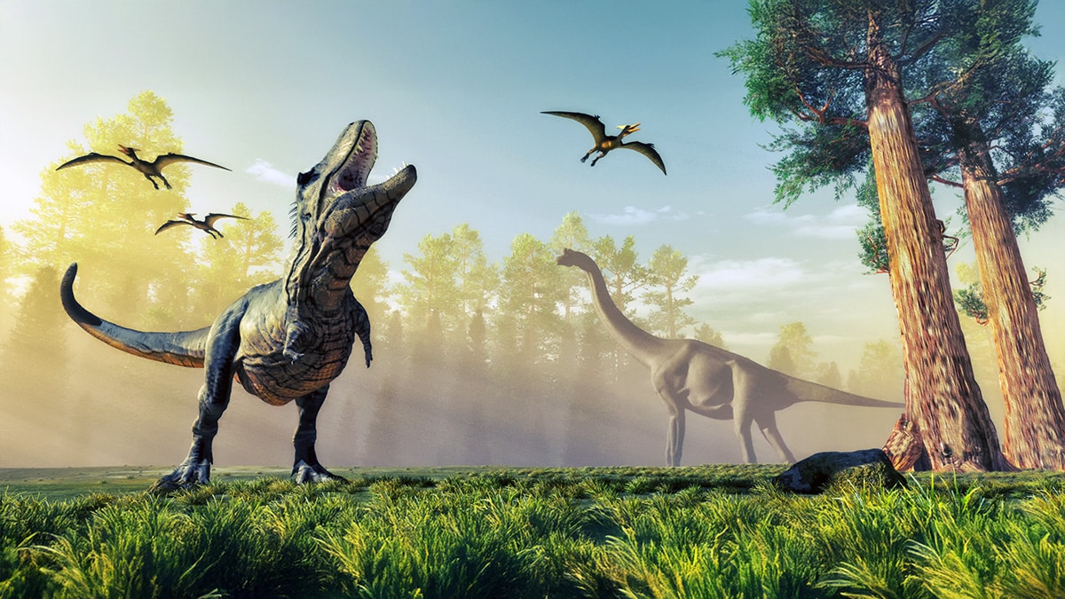 Dinosaurs in ancient landscape