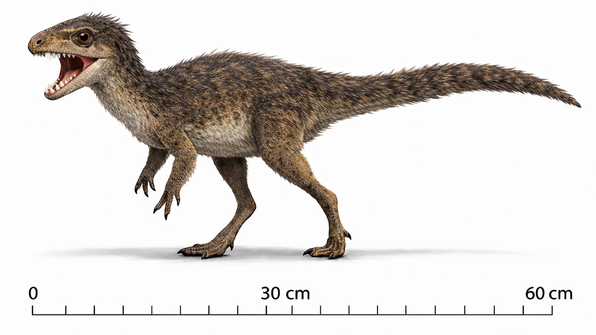Life reconstruction of Echinodon becklesii, a small feathered bipedal dinosaur about 60 cm long, shown in side view with mouth open revealing small canine-like front teeth and rabbit-like grinding teeth, with a scale ruler beneath.