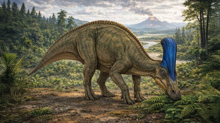 Lambeosaurus grazing in prehistoric landscape