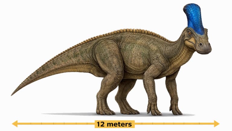 Illustration of a Lambeosaurus dinosaur on a white background with a 12-metre ruler showing its length, featuring a blue cranial crest and duck-billed head.