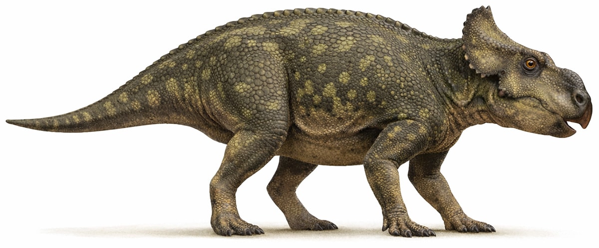 Life reconstruction of Notoceratops showing a small quadrupedal herbivorous dinosaur with a short frill, beaked mouth, sturdy legs, and long tail on a white background.