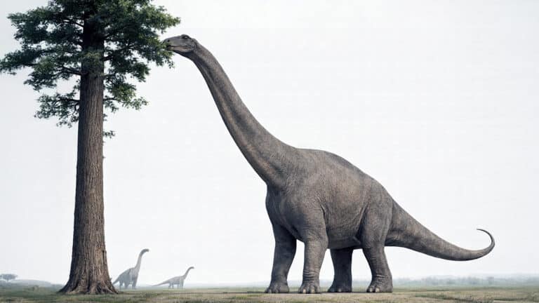 Prehistoric Brontosaurus feeding under ancient trees