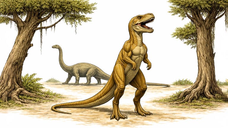 Prehistoric creatures in a grassy landscape